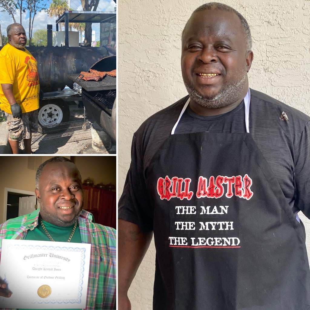 Three images: Mr. Jones barbequing, Holding up a Grillmaster University Doctorate of Outdoor Grilling, and smiling with a "Grill Master" apron